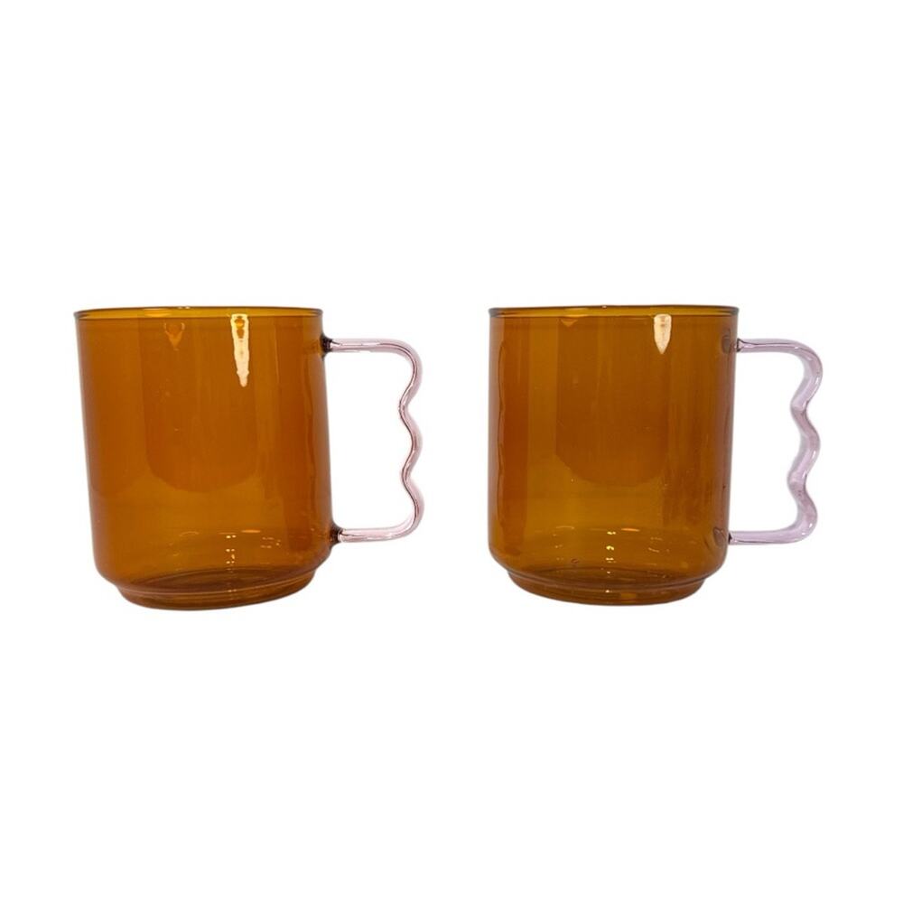 Room Essentials Glass Mugs Amber Orange Pink Handle retro modern Set of 2